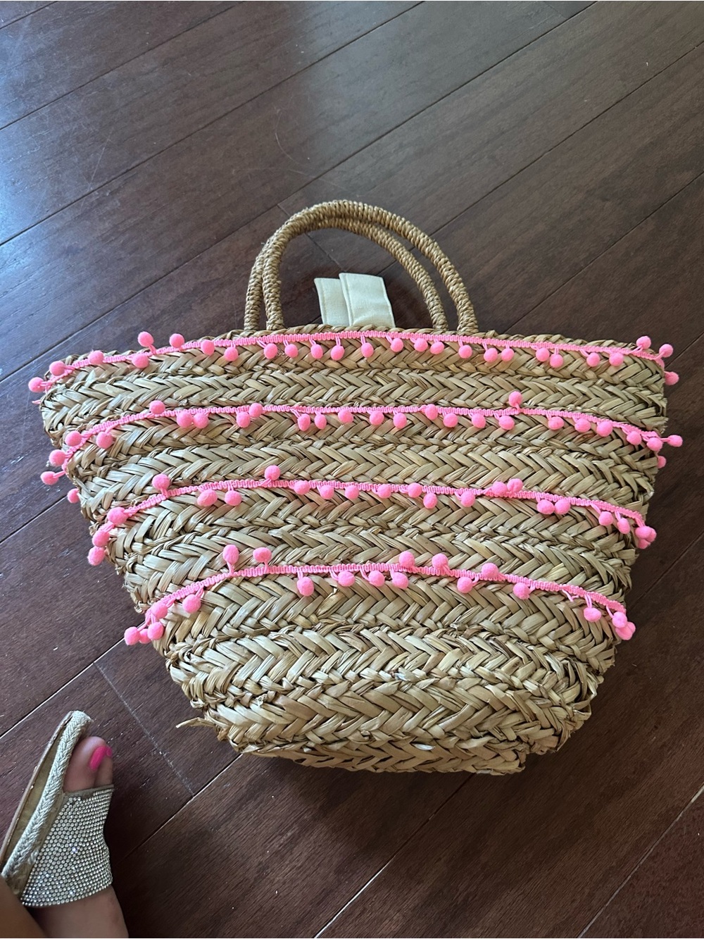 Woven Straw Tote with Pink Pom Pom Trim